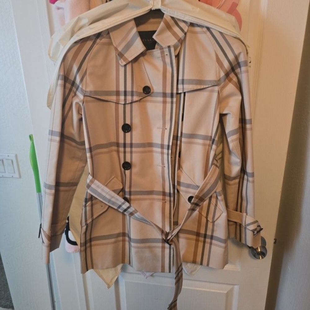 Coach Beige Plaid Trench Coat with Belt